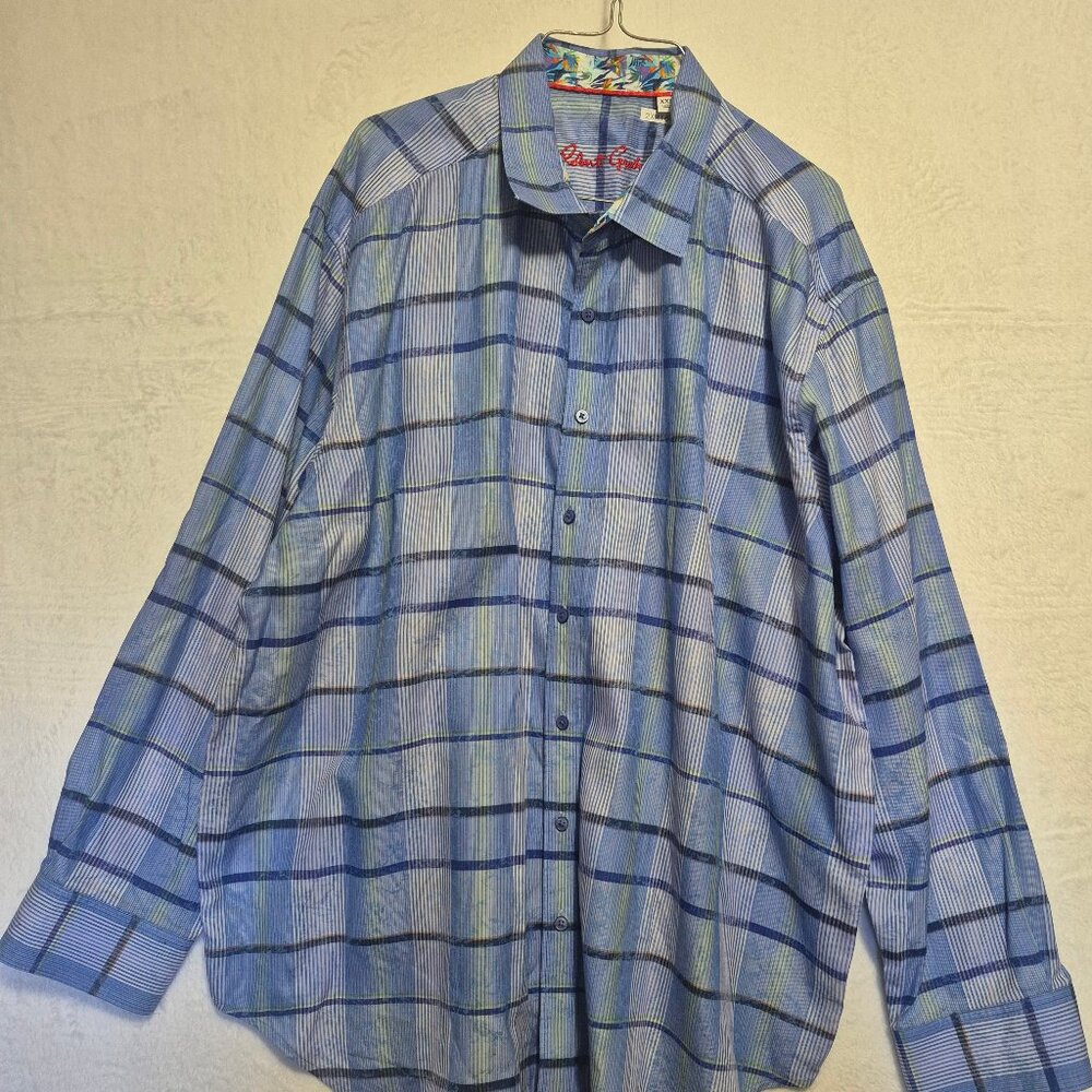 Robert Graham XXL Button-Up Shirt Blue Plaid Check Long Sleeve Luxury Designer